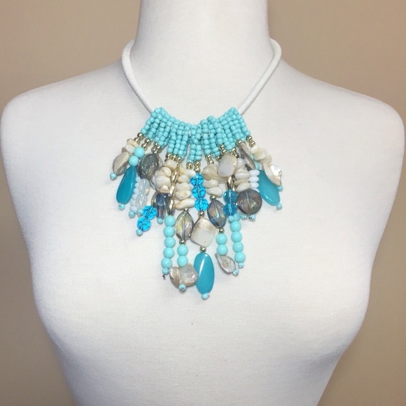 Aqua Blue Bead Shell Dramatic Necklace Earring Set - Picture 3 of 3